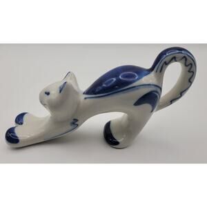Gzhel USSR Blue and White Stretching Cat Figurine Hand Painted in USSR